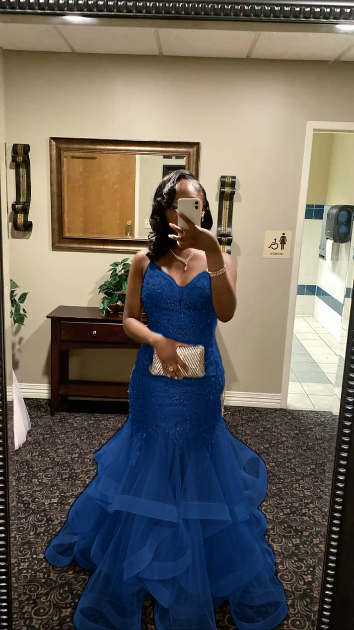 V Neck Mermaid Tulle Prom Dress Beading Evening Dress Graduation Dress