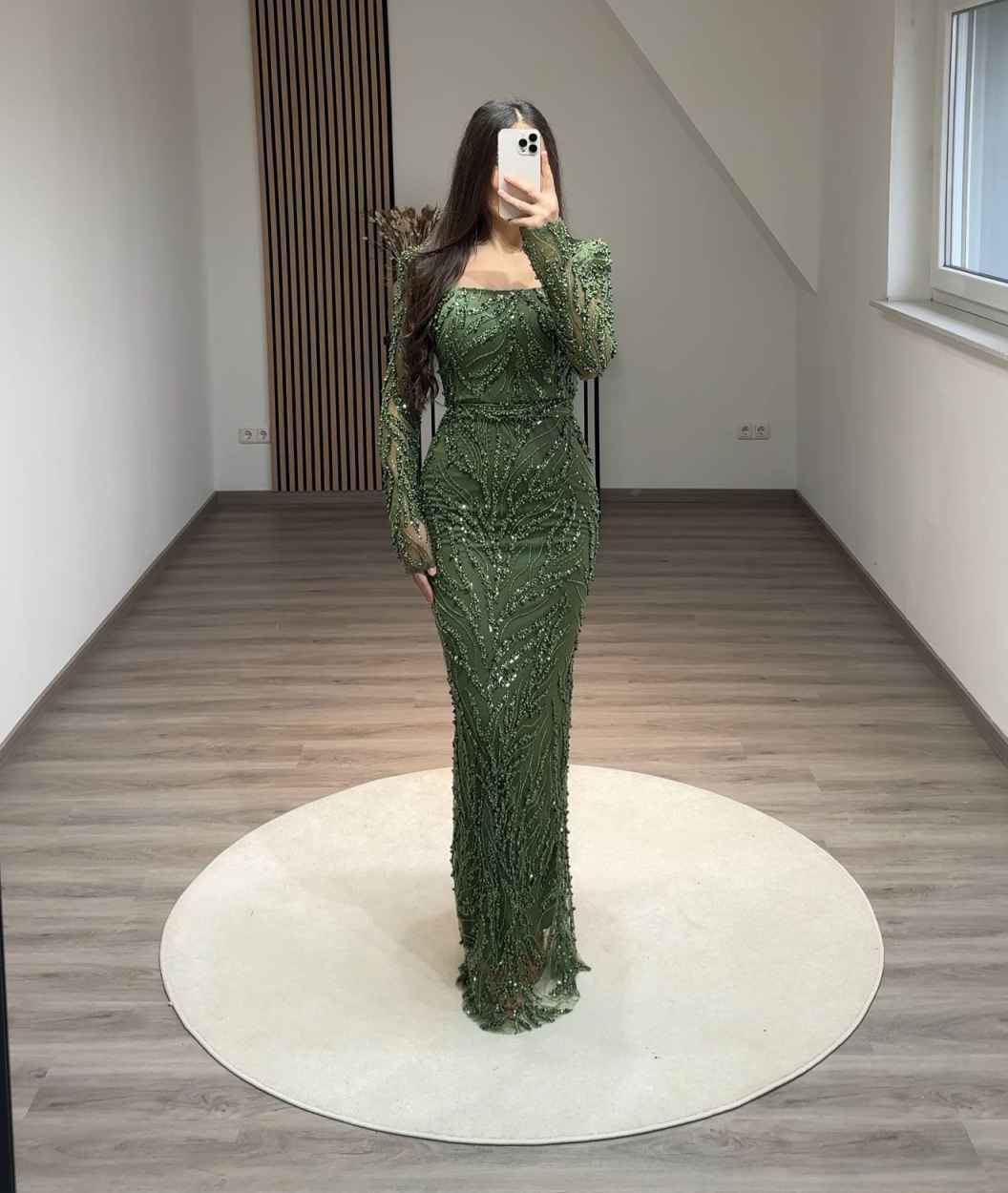 Square Long Sleeves Beaded Embroidery Sheath Evening Dress