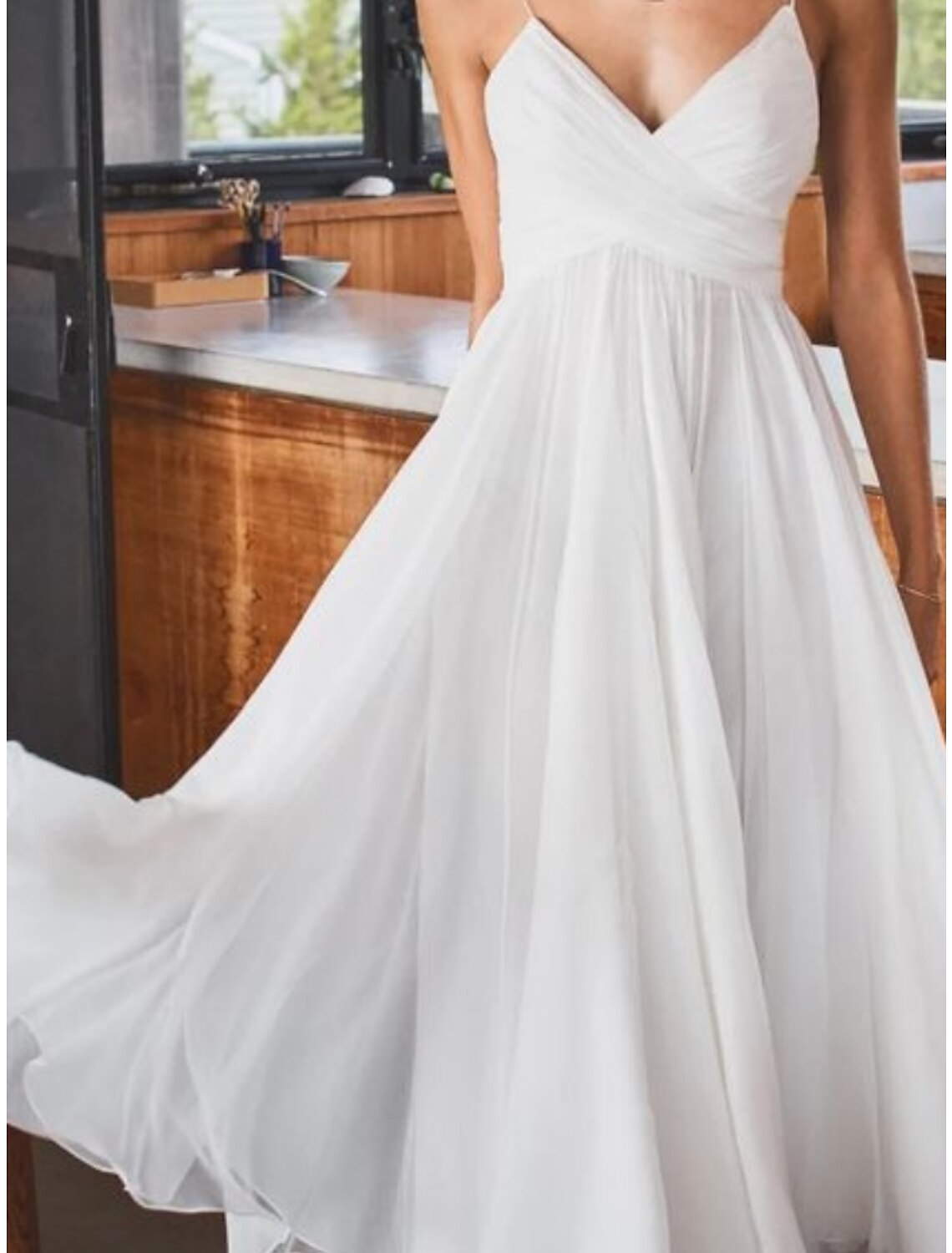 Simple Wedding Dresses Wedding Dresses A-Line V Neck Long Sleeve Tea Length Chiffon Bridal Gowns With Pleats
