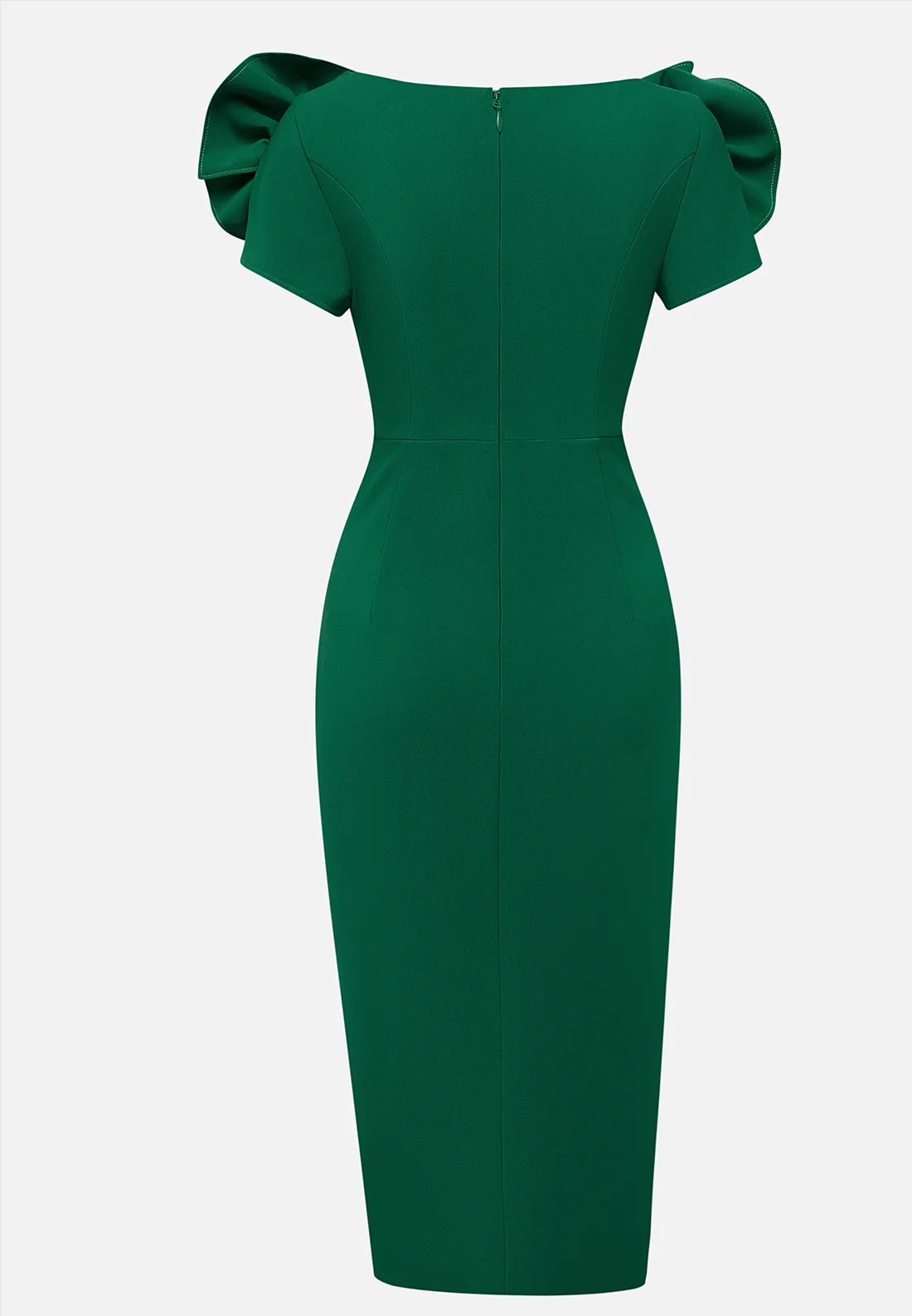 Green 3D Floral Ruched V Neck Sheath Midi Dress