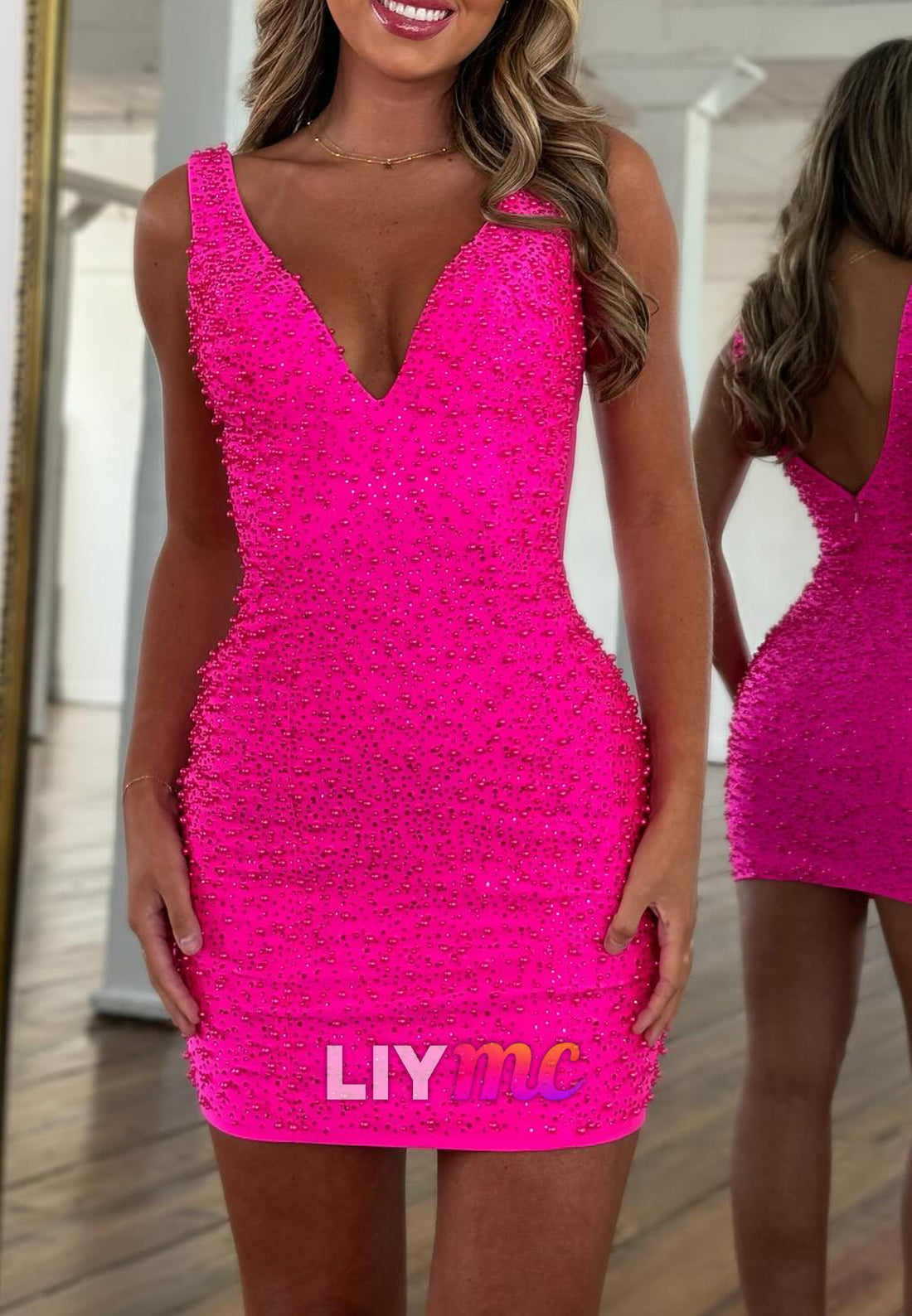 V-Neck Beaded Embroidery Sheath Party Homecoming Dress