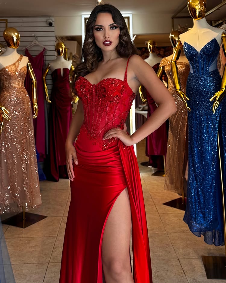 LP2217 - Sweetheart Sleeveless Appliques Sheer Ruched High Slit Prom Dress