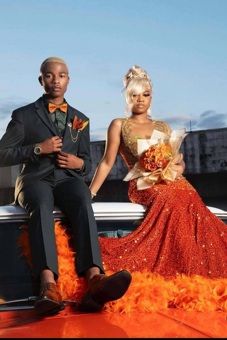 Gold appliques Orange Feathers Sequin Mermaid Long Prom Dresses