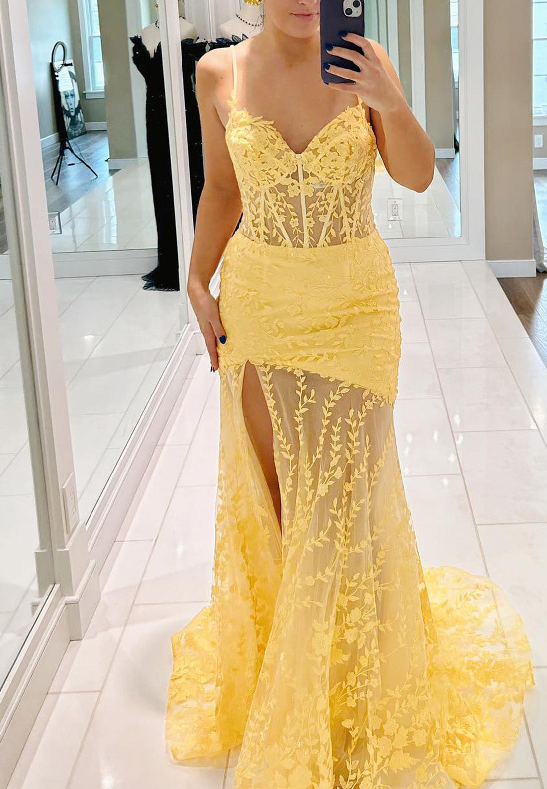 Sweetheart Spaghetti Straps Appliques Sheath Sheer Prom Dress