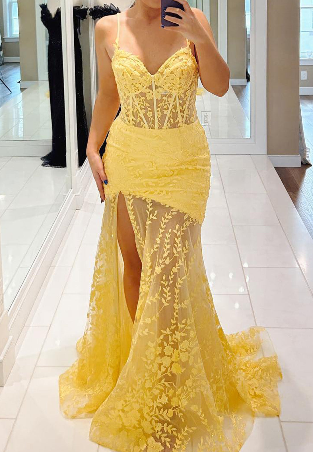 Sweetheart Spaghetti Straps Appliques Sheath Sheer Prom Dress