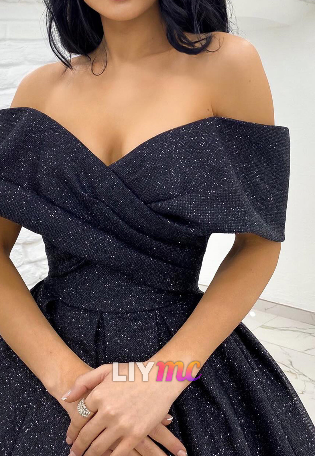 Off-Shoulder Strapless Pleated A-Line Sparkly Prom Dress