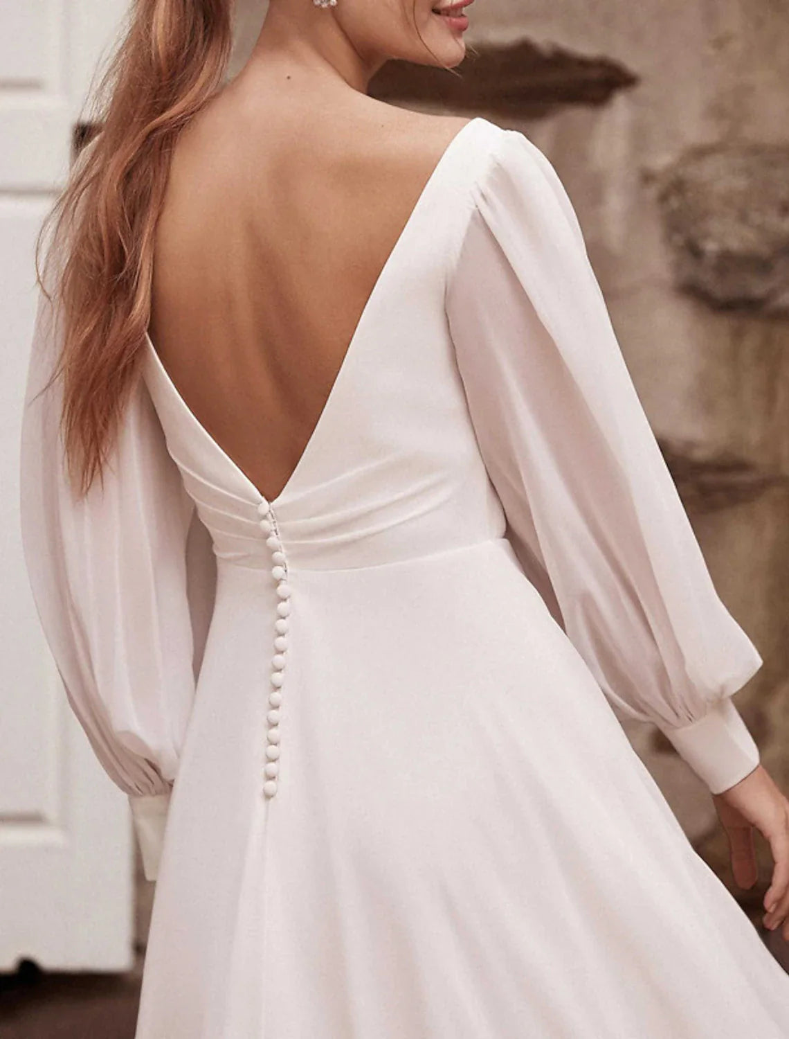 Hall Casual Wedding Dresses A-Line V Neck Long Sleeve Court Train Chiffon Bridal Gowns With Solid Color