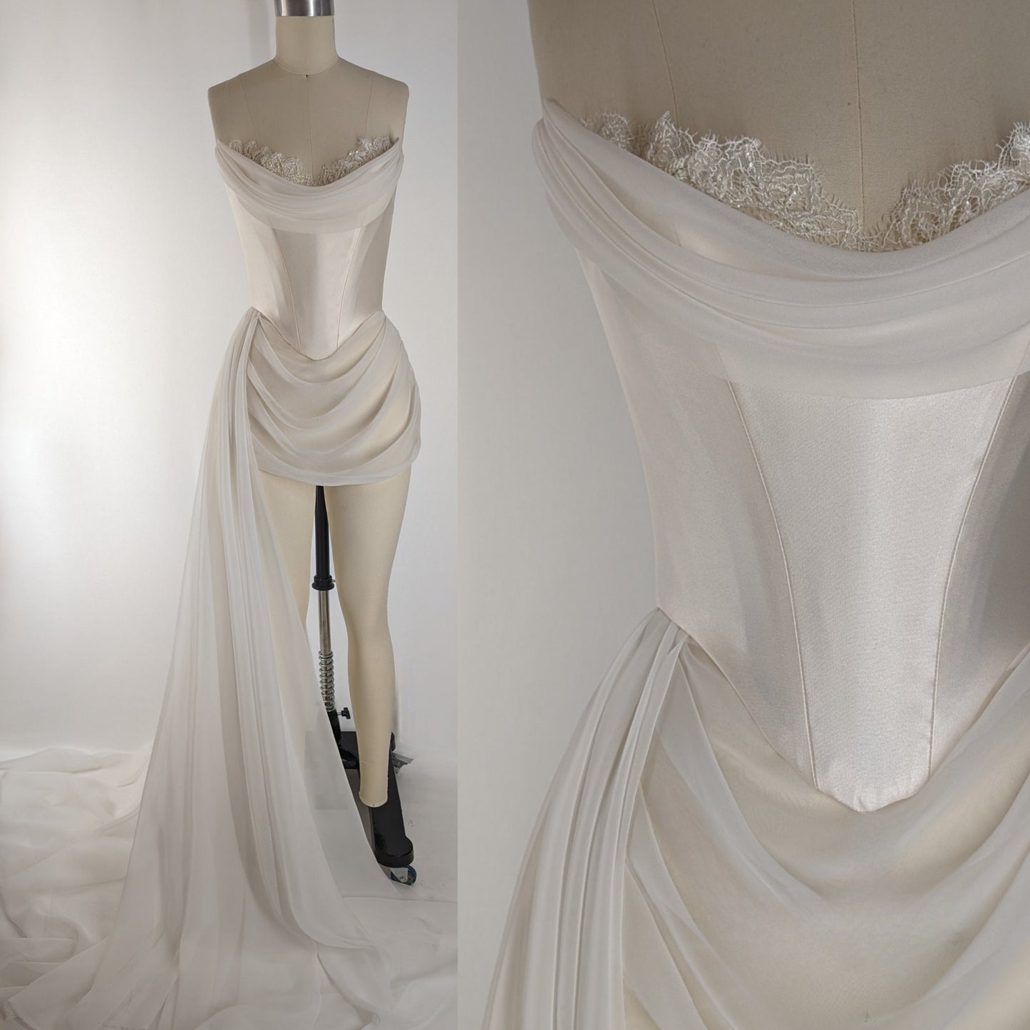 Off White Basque Waist Corset Embroidered Beaded Lace Draped Mini Long Cathedral Train Wedding Gown Dress Bridal