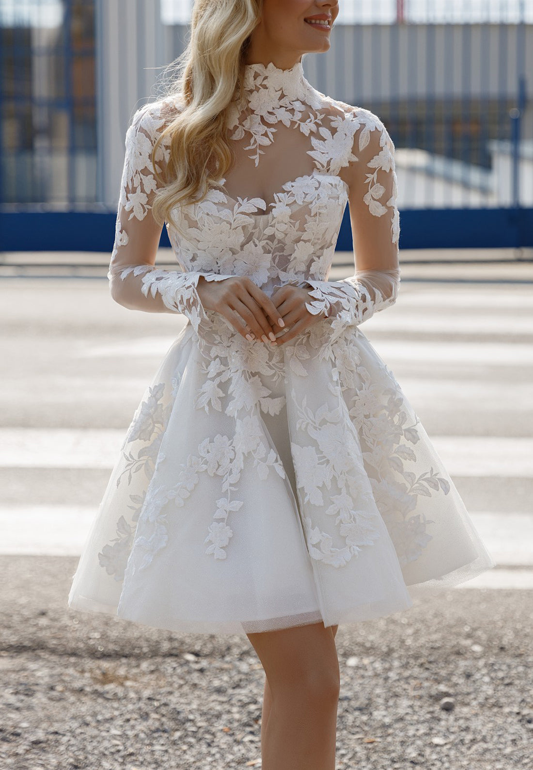 High Neck Long Sleeves Lace Appliques Pleated Short A-Line Wedding Dre Liymc High Neck Long Sleeves Lace Appliques Pleated Short A-Line Wedding Dre Liymc