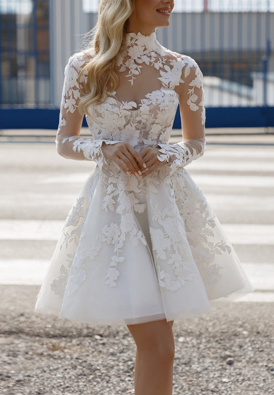 High Neck Long Sleeves Lace Appliques Pleated Short A-Line Wedding Dress