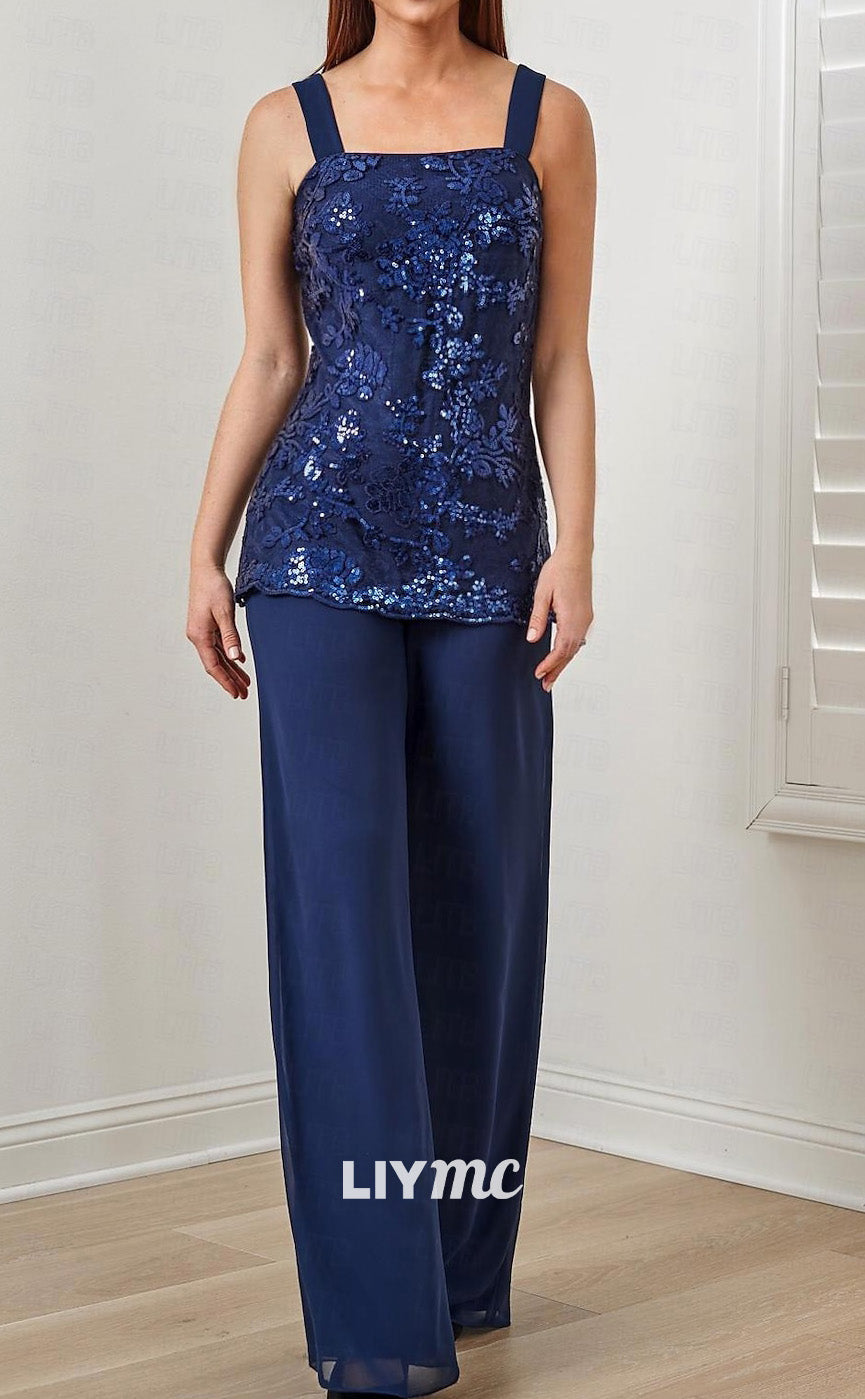 M1013 - Jumpsuit  Pantsuit 3 Piece Mother of the Bride Sequined Appliques Dress Square Floor Length