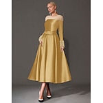 A-Line Cocktail Dresses Elegant Dress Formal Tea Length Long Sleeve Jewel Neck Satin with Pearls Dresses