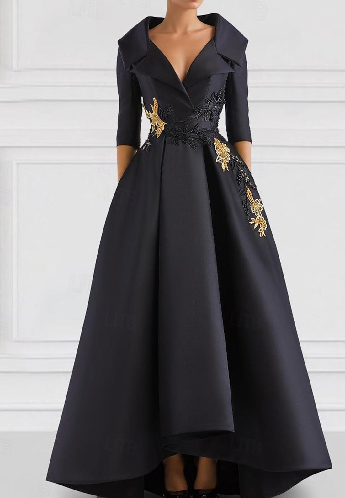 A-Line Evening Gown Vintage Embroidered Elegant DressV Neck Pocket Satin with Beading Appliques