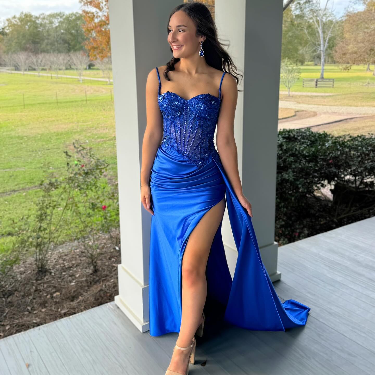 LP2217 - Sweetheart Sleeveless Appliques Sheer Ruched High Slit Prom Dress