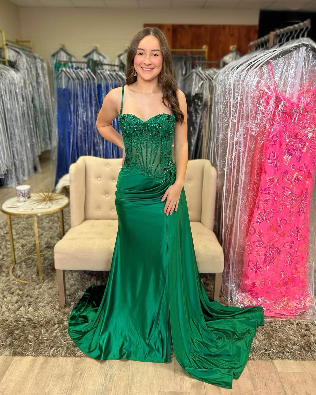 LP2217 - Sweetheart Sleeveless Appliques Sheer Ruched High Slit Prom Dress