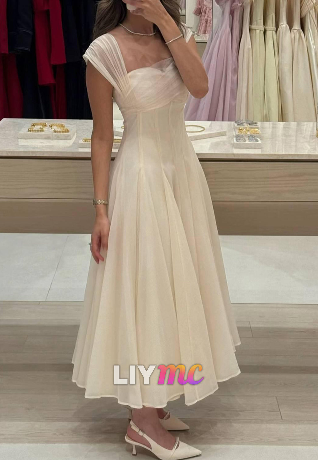 Sweetheart Straps Pleated A-Line Midi Prom Dress