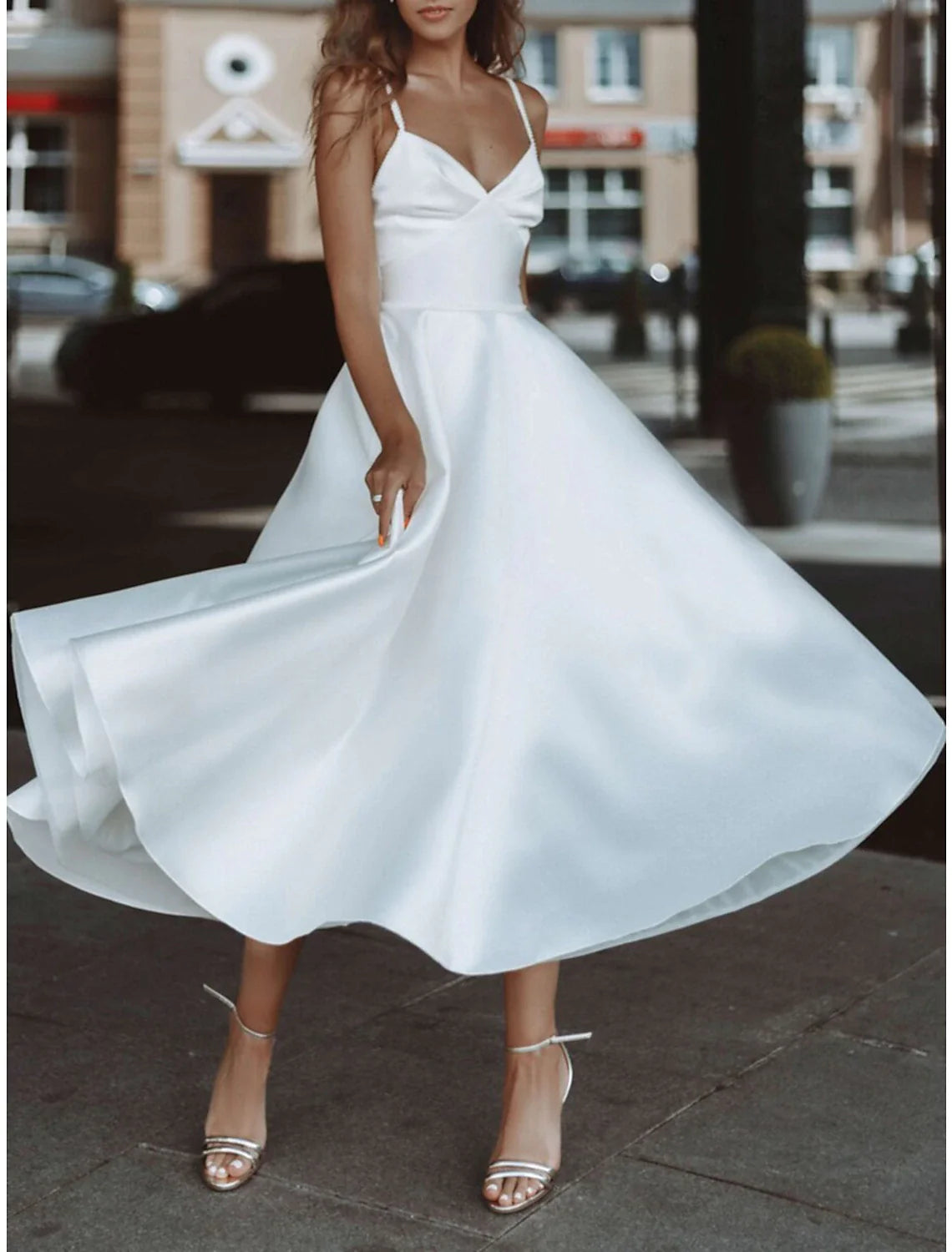 Reception Simple Wedding Dresses Wedding Dresses A-Line V Neck Long Sleeve Tea Length Chiffon Bridal Gowns With Pleats