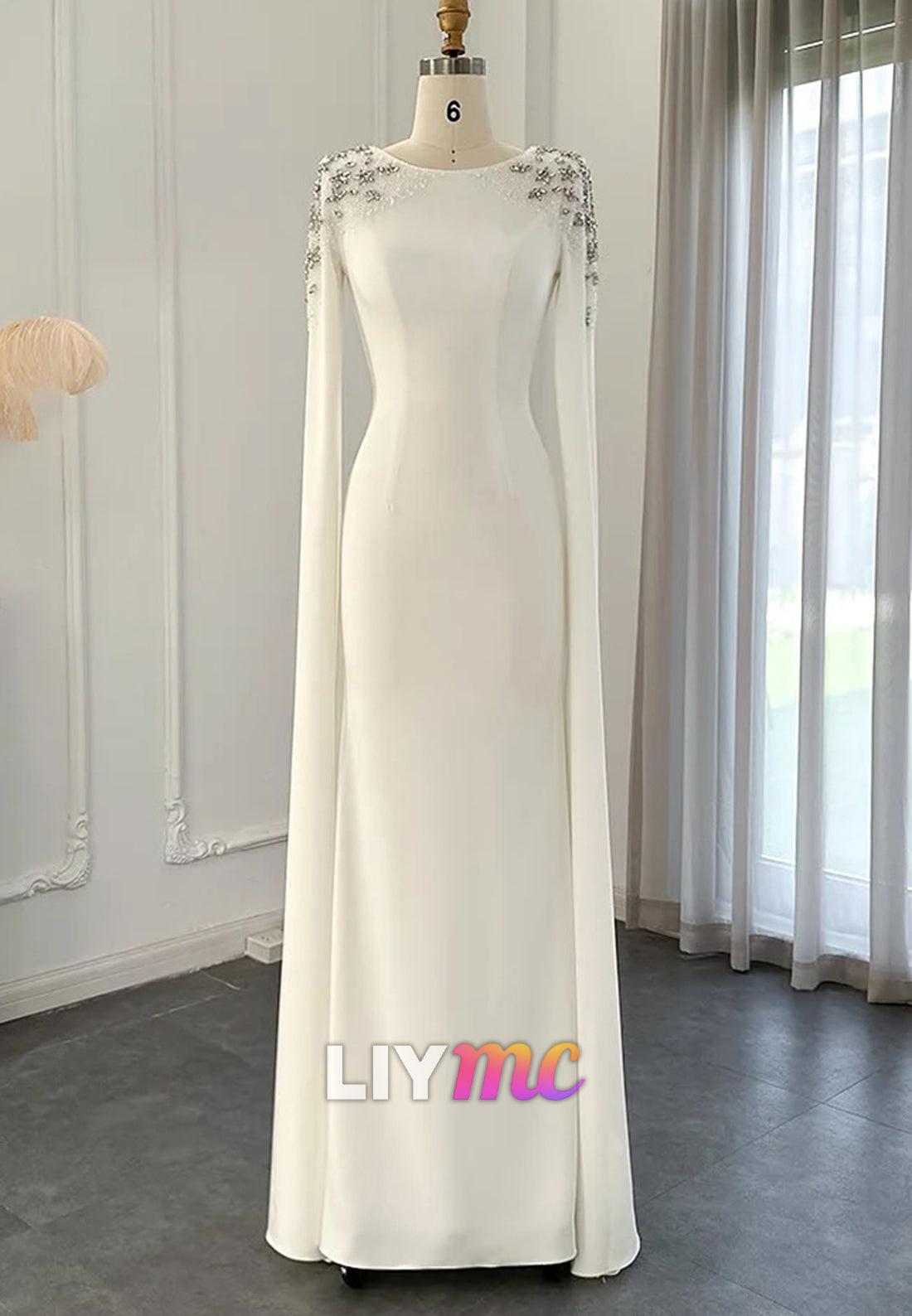 Scoop Sleek Beaded Long Sleeves Sheath Evening Dress