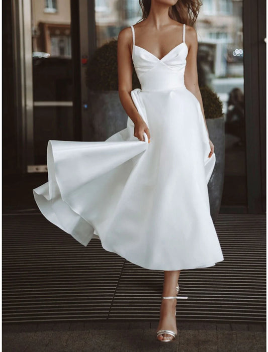 Reception Simple Wedding Dresses Wedding Dresses A-Line V Neck Long Sleeve Tea Length Chiffon Bridal Gowns With Pleats