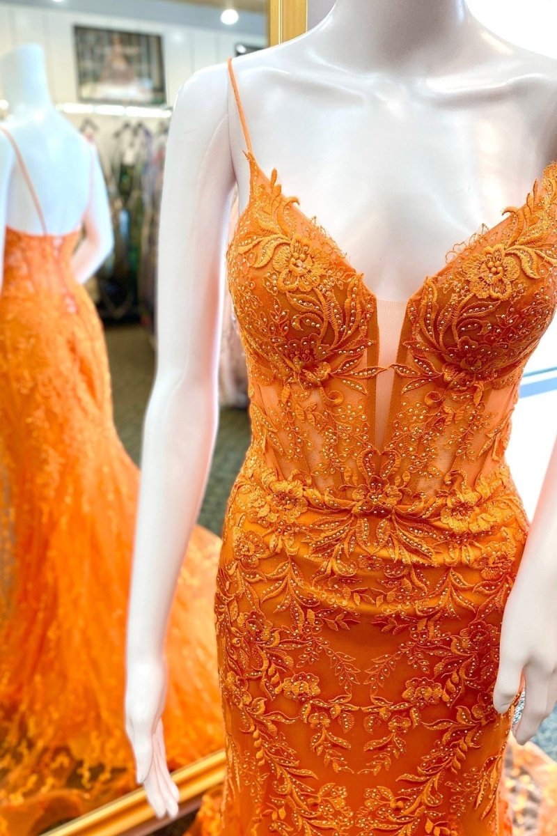 Orange Lace Spaghetti Straps Mermaid Long Formal Dress