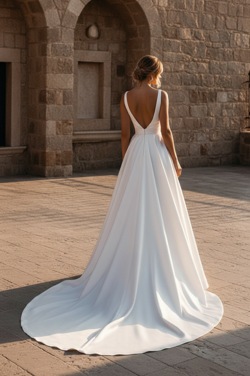 LW030 - A Line Deep V neck Satin Wedding Dress with Slit