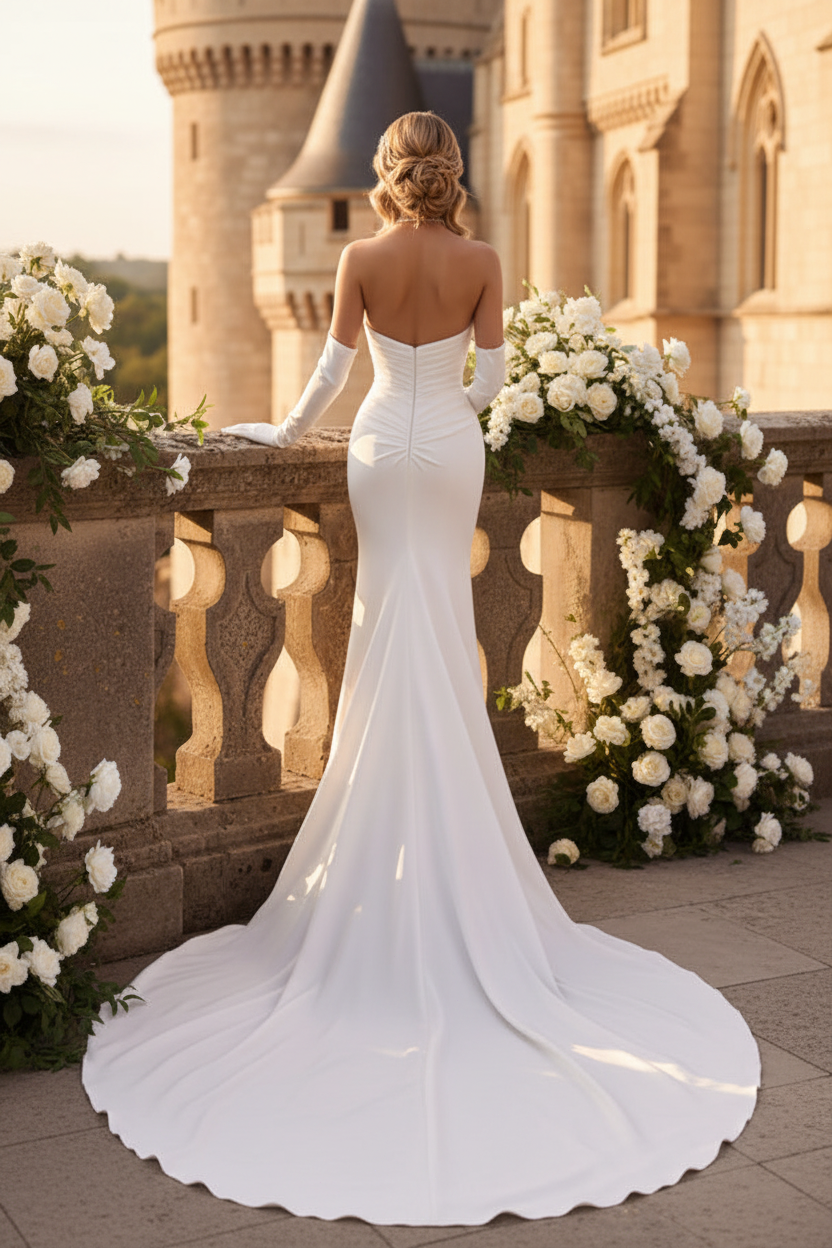 LW024 - Strapless Pleats Side Slit Mermaid Wedding Dress with Court Train