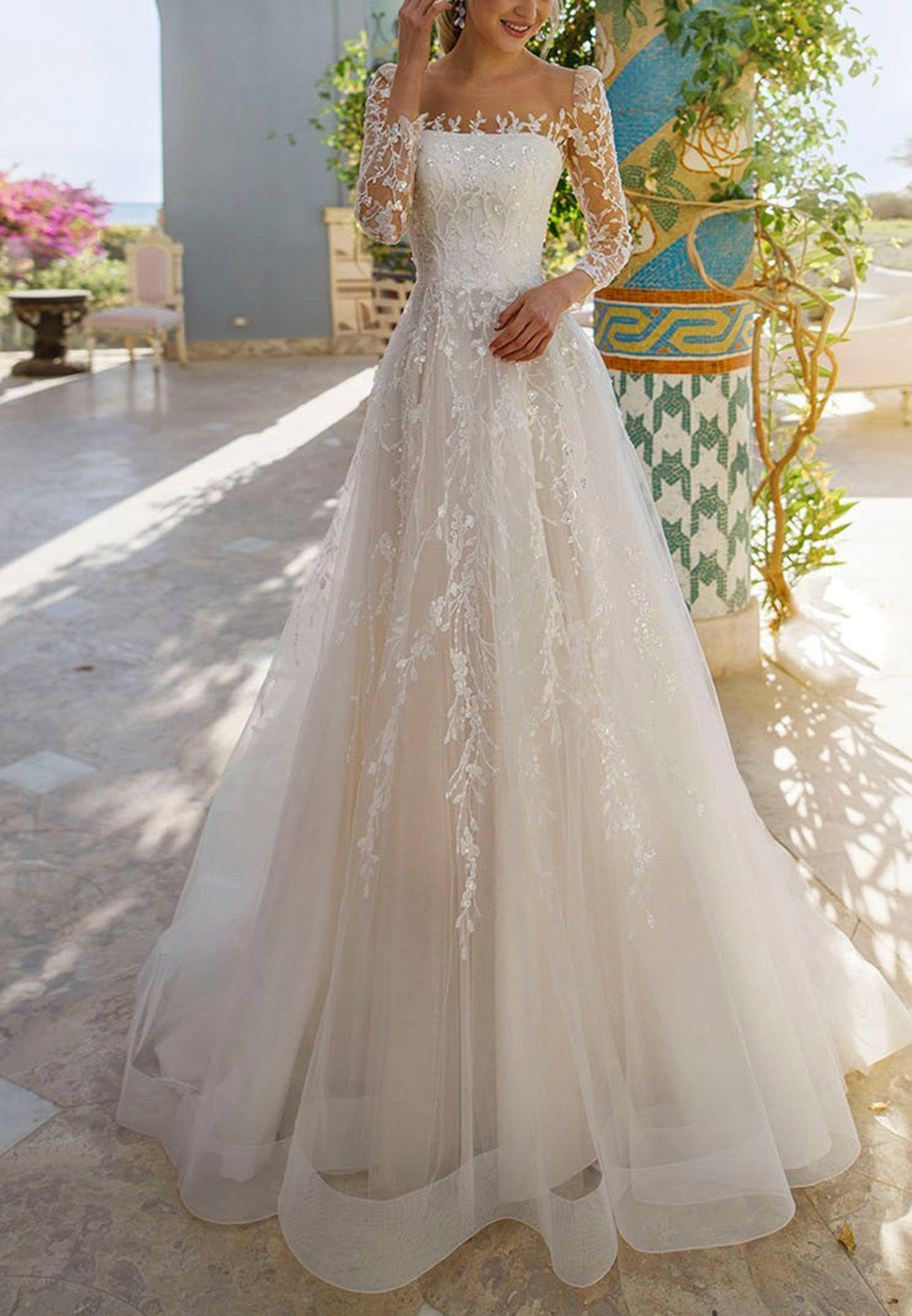 Square Long Sleeves Appliques Ball Gown Wedding Dress