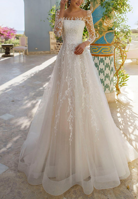 Square Long Sleeves Appliques Ball Gown Wedding Dress
