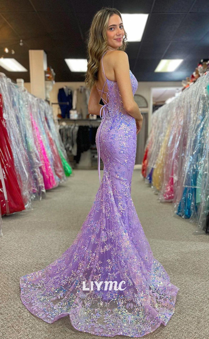 LP1186 - Plunging Illusion V Neck Lace Mermaid Formal Prom Dress