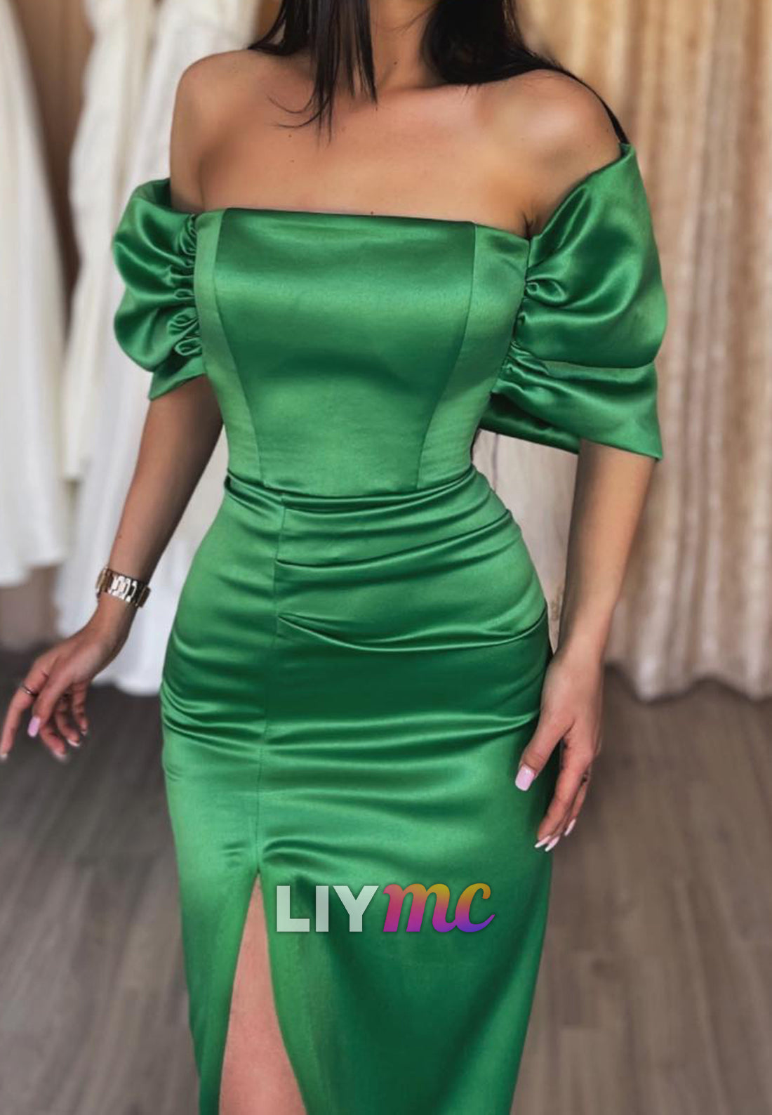 Straight Across Sleeves Euched Side Slit Bodycon Sheath Formal Dress