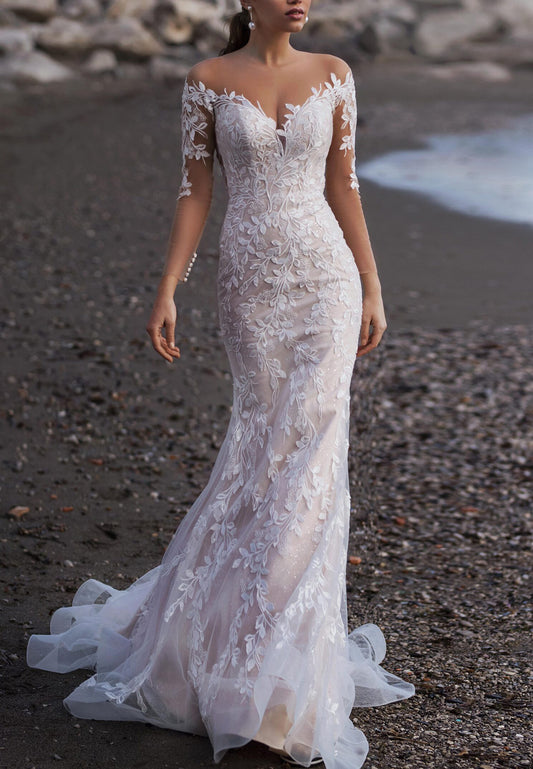 Off-Shoulder Half Sleeves Appliques Mermaid Wedding Dress