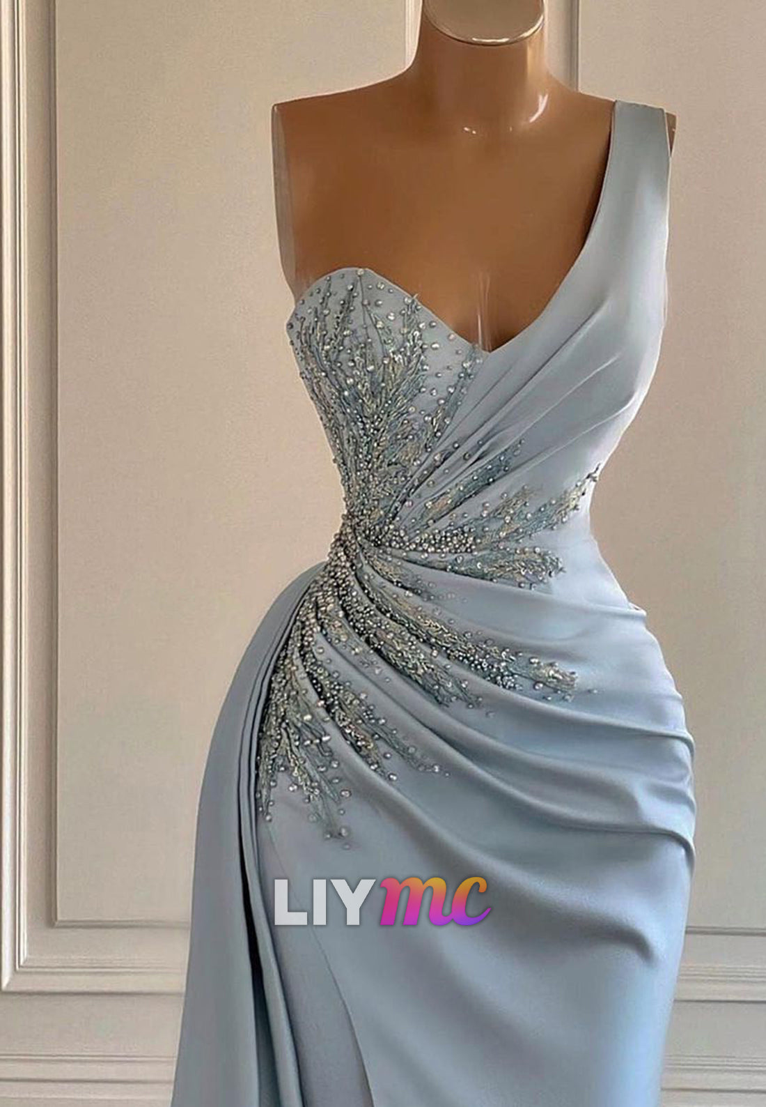 One Shoulder Sleeveless Appliques Ruched Sheath Prom Dress