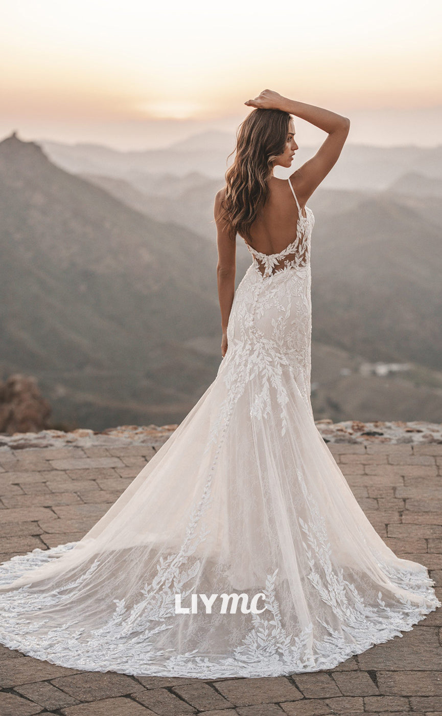 LW313 - Plunging Illusion V Neck Lace Appliques Mermaid Wedding Dress