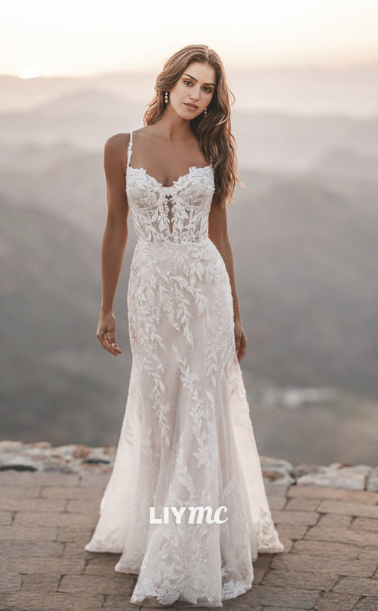 LW313 - Plunging Illusion V Neck Lace Appliques Mermaid Wedding Dress