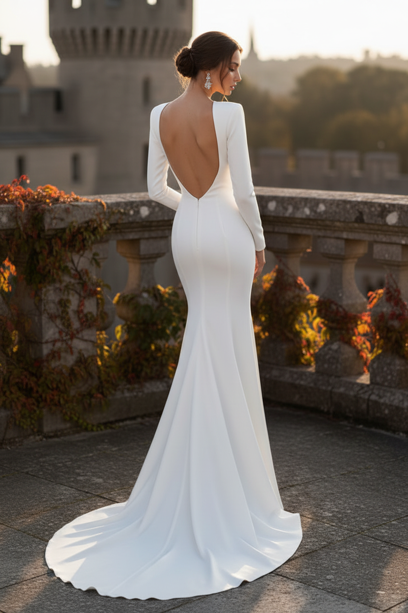 LW018 - Illusion V neck Beads Long Sleeves Mermaid Wedding Dress