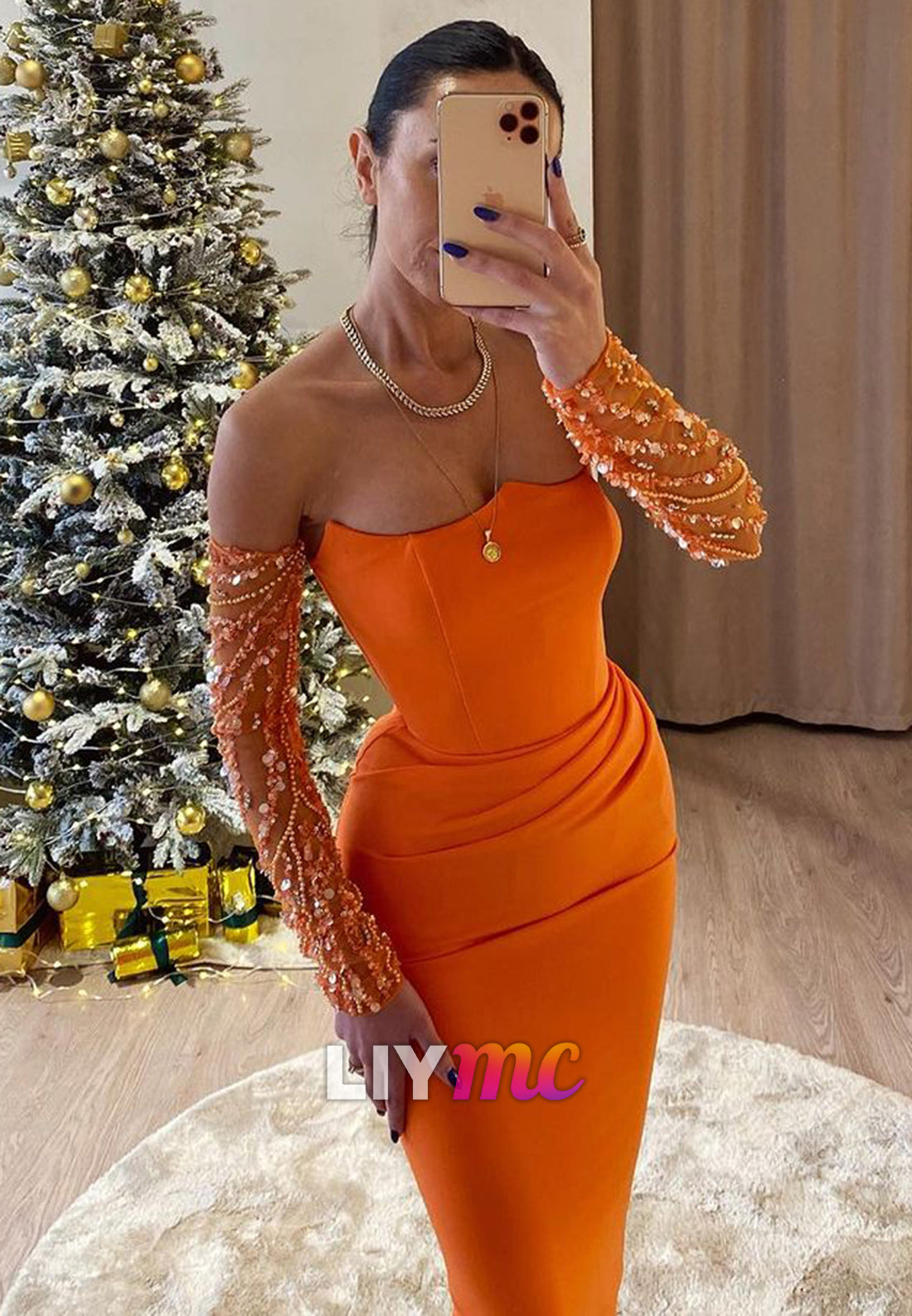 LP964 - Sheath Strappless Detachable Sleeves Long Formal Prom Dress