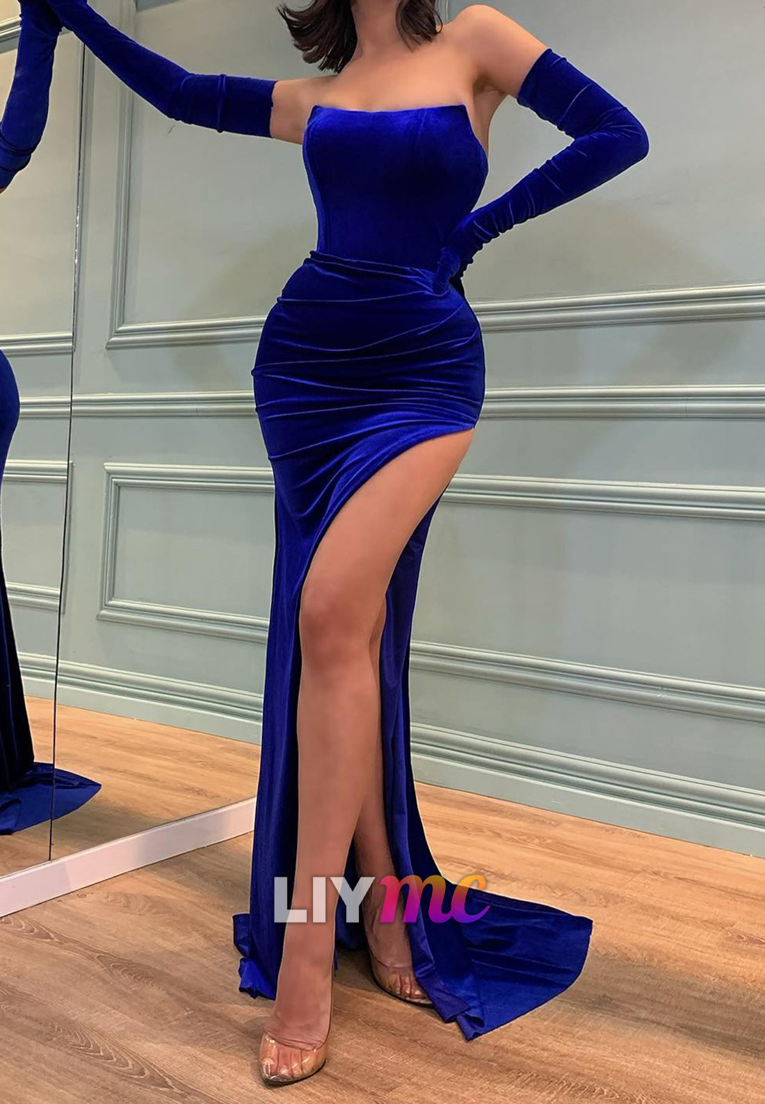 Straight Across Sleeveless Ruched High Slit Sheath Prom Dress