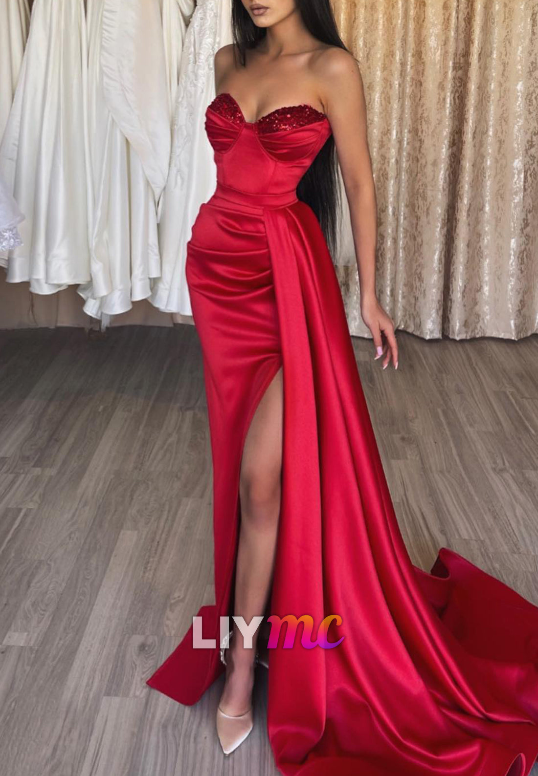 Semi-Sweetheart Strapless Sequins Ruched Side Slit Sheath Prom Dress