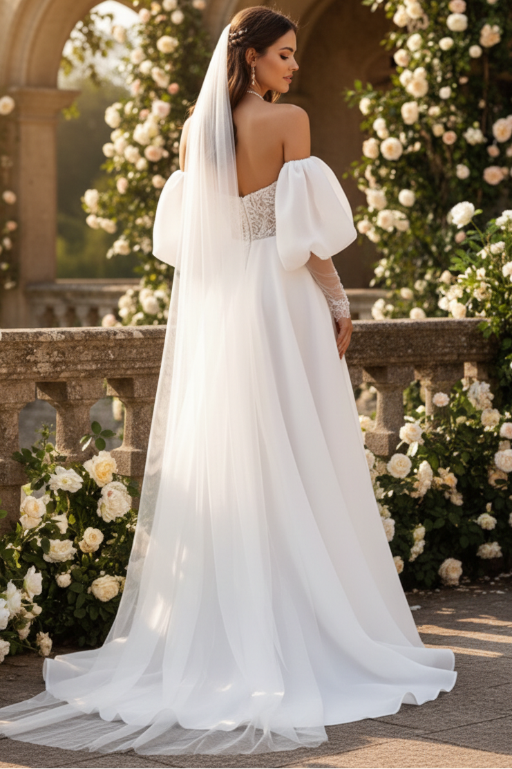 LW019 - A Line Sweetheart Beads Long Sleeves Boho Wedding Dress with Slit