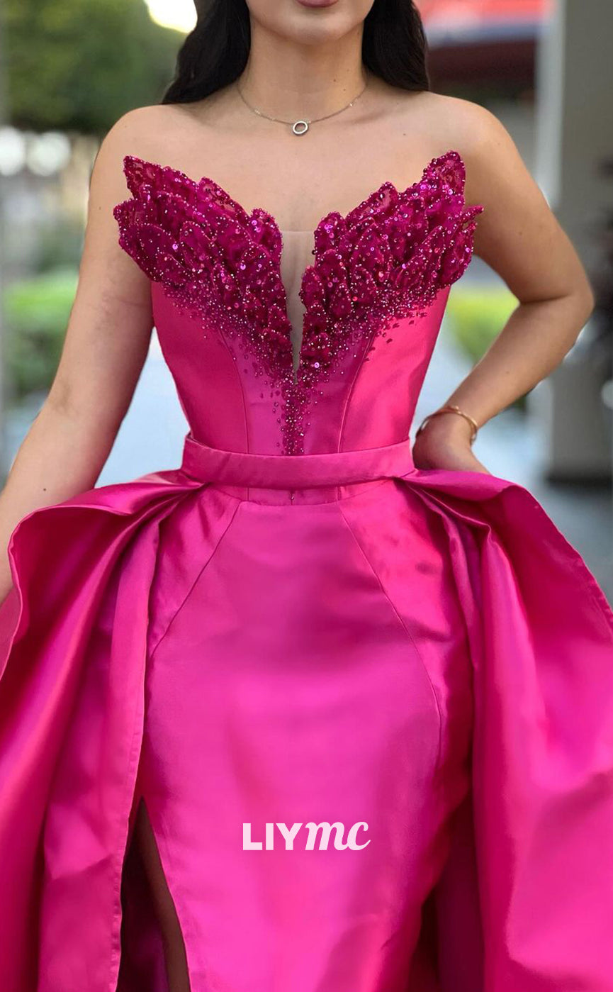 LP963 - Plunging V Neck Beads Detachable Skirt Mermaid Prom Party Dress with Slit