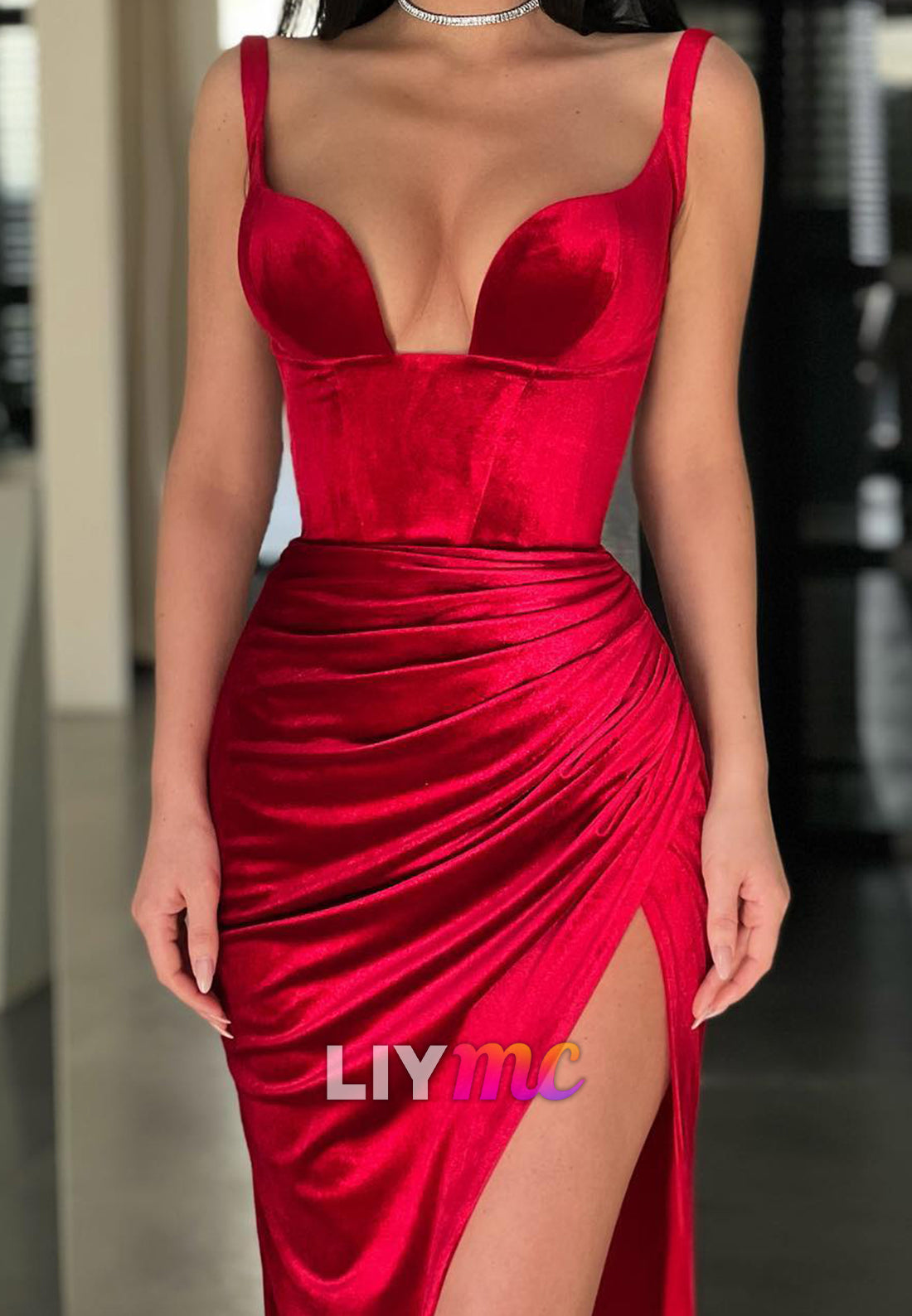 V-Neck Straps Sleeveless Ruched High Slit Sheath Prom Dress