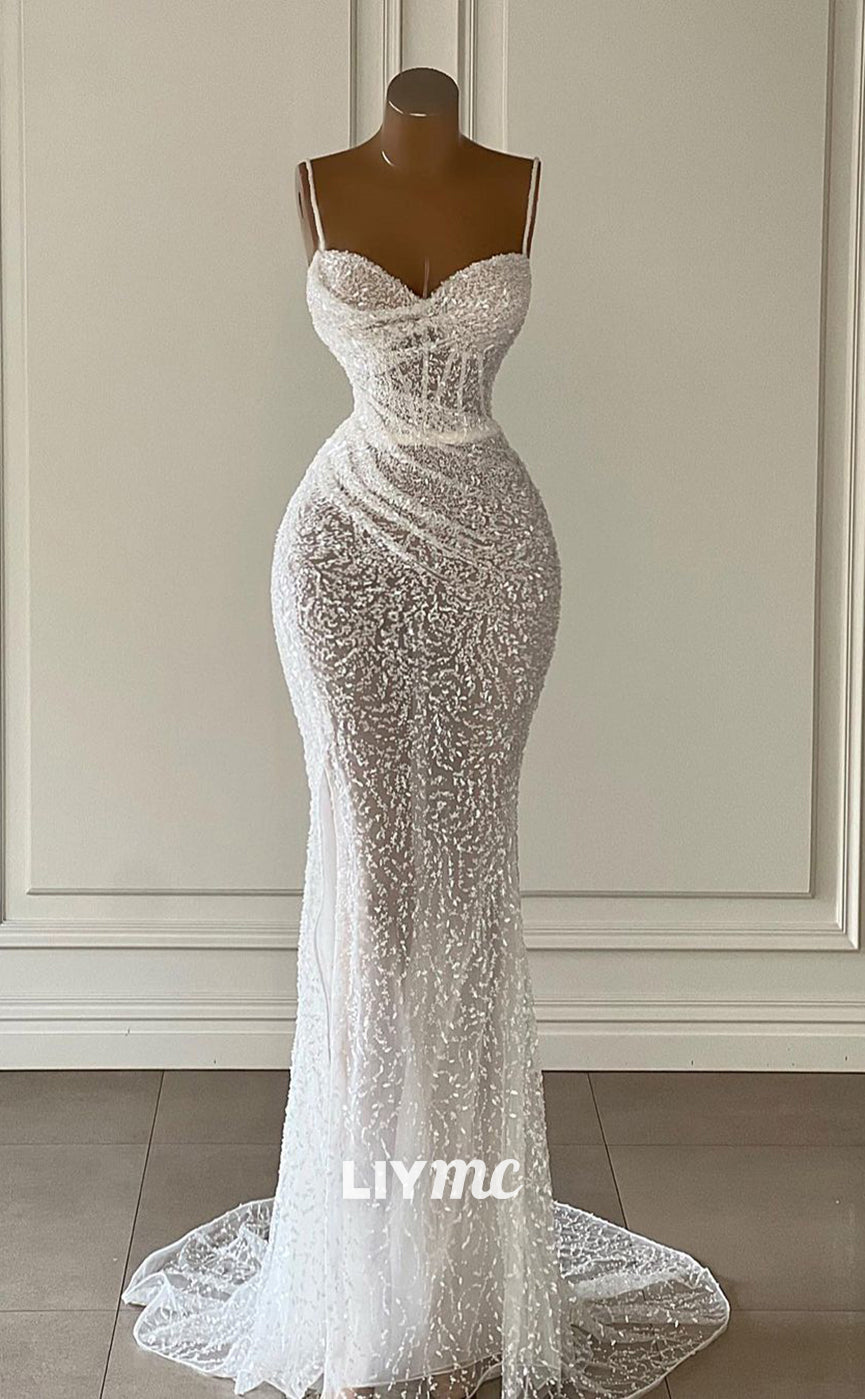 LP761 - Spaghetti Straps Fully Sequins Drapped Mermaid Long Formal Prom Dress