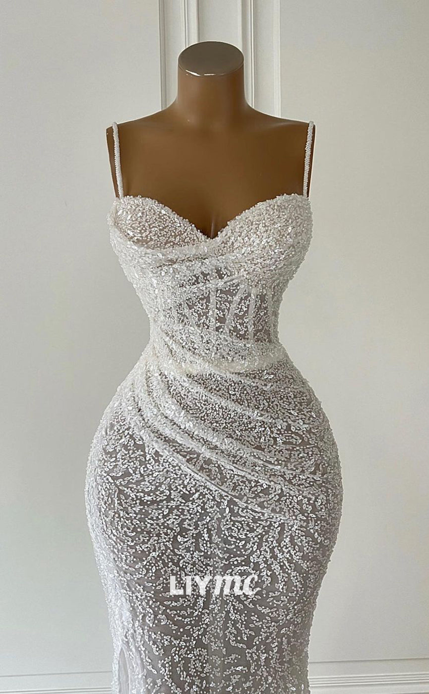 LP761 - Spaghetti Straps Fully Sequins Drapped Mermaid Long Formal Prom Dress