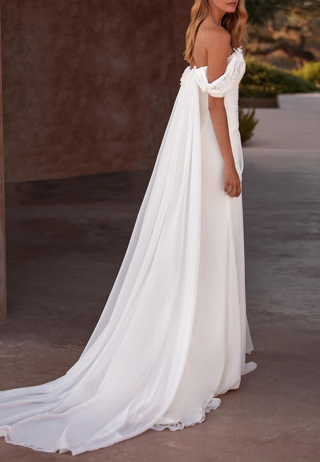 Off-Shoulder Strapless Appliques Ruched Side Slit Sheath Wedding Dress