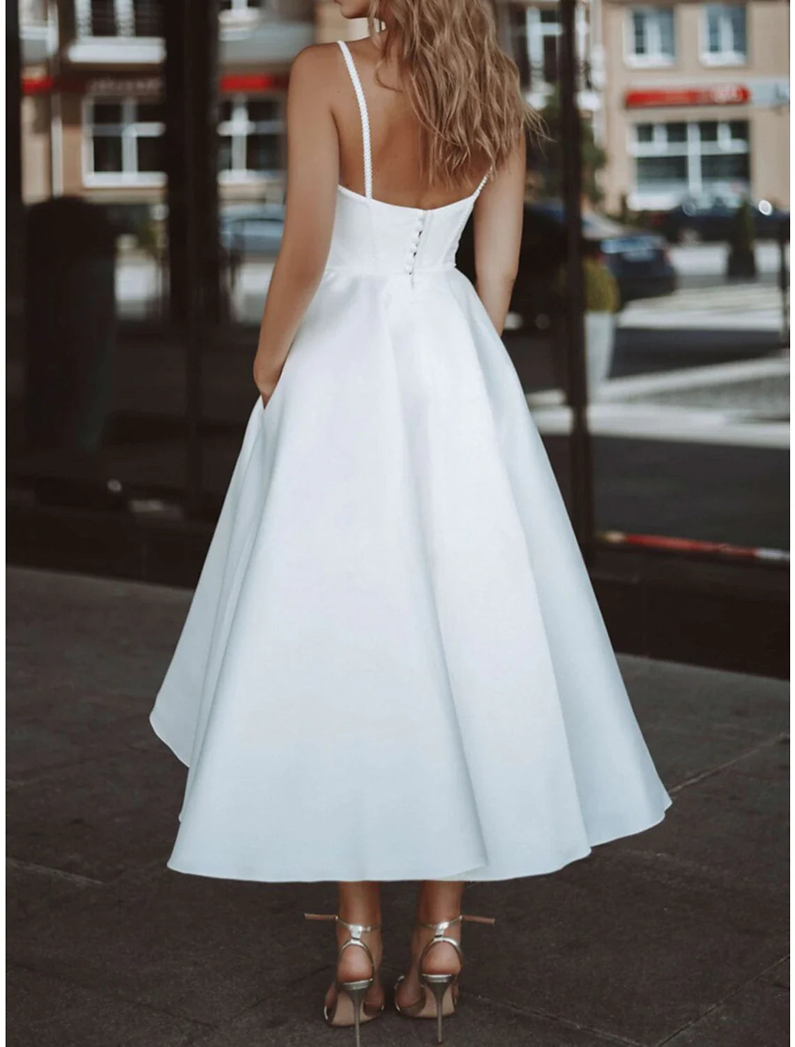 Reception Simple Wedding Dresses Wedding Dresses A-Line V Neck Long Sleeve Tea Length Chiffon Bridal Gowns With Pleats