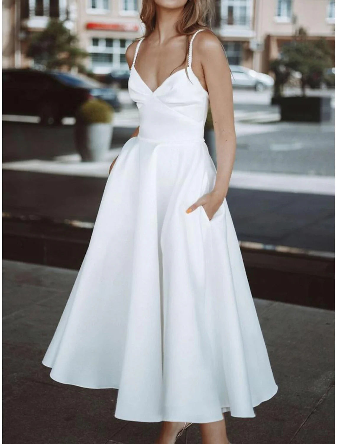 Reception Simple Wedding Dresses Wedding Dresses A-Line V Neck Long Sleeve Tea Length Chiffon Bridal Gowns With Pleats