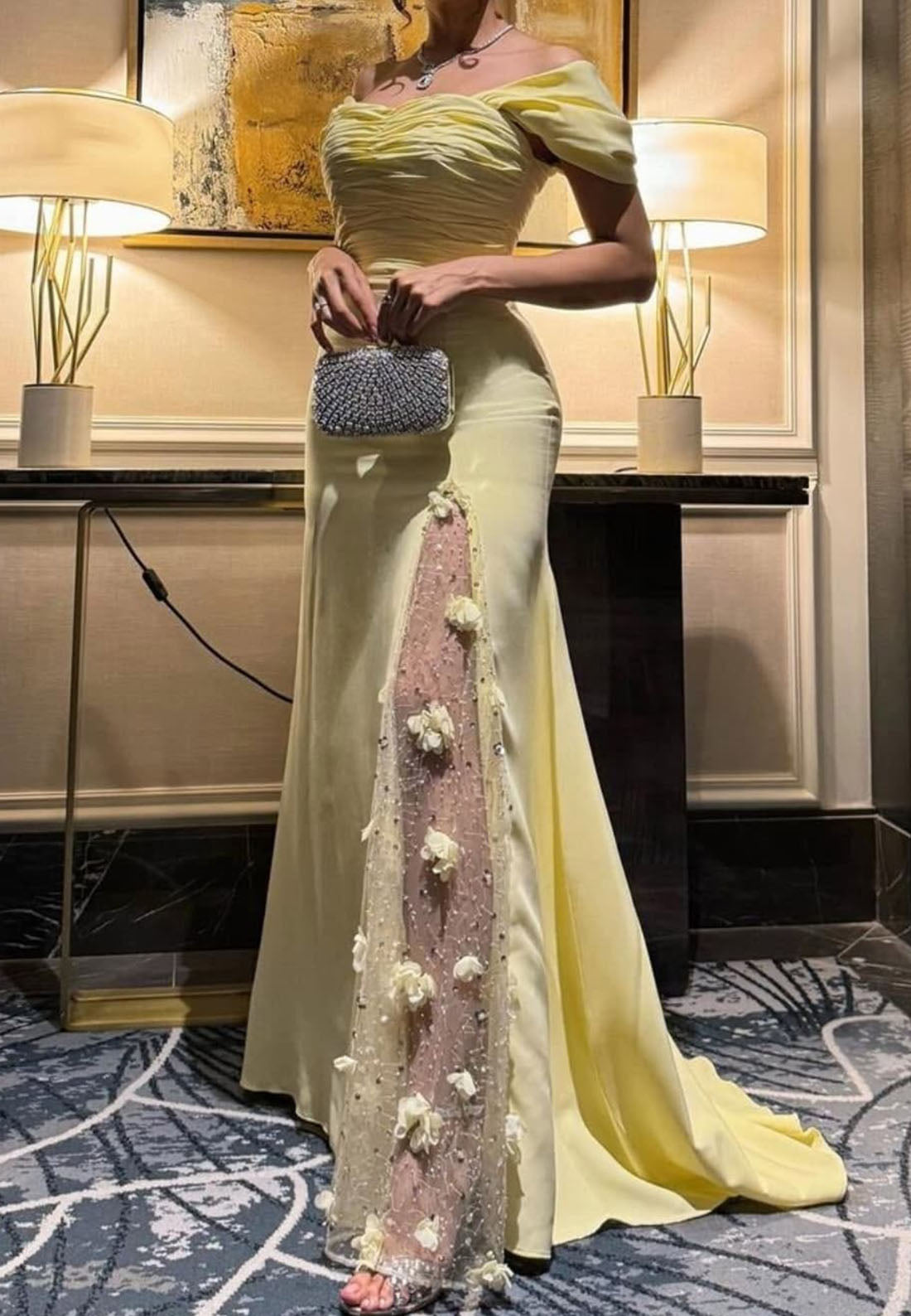 Off-Shoulder Long Sleeves Floral Embellished Sheath Prom Dress