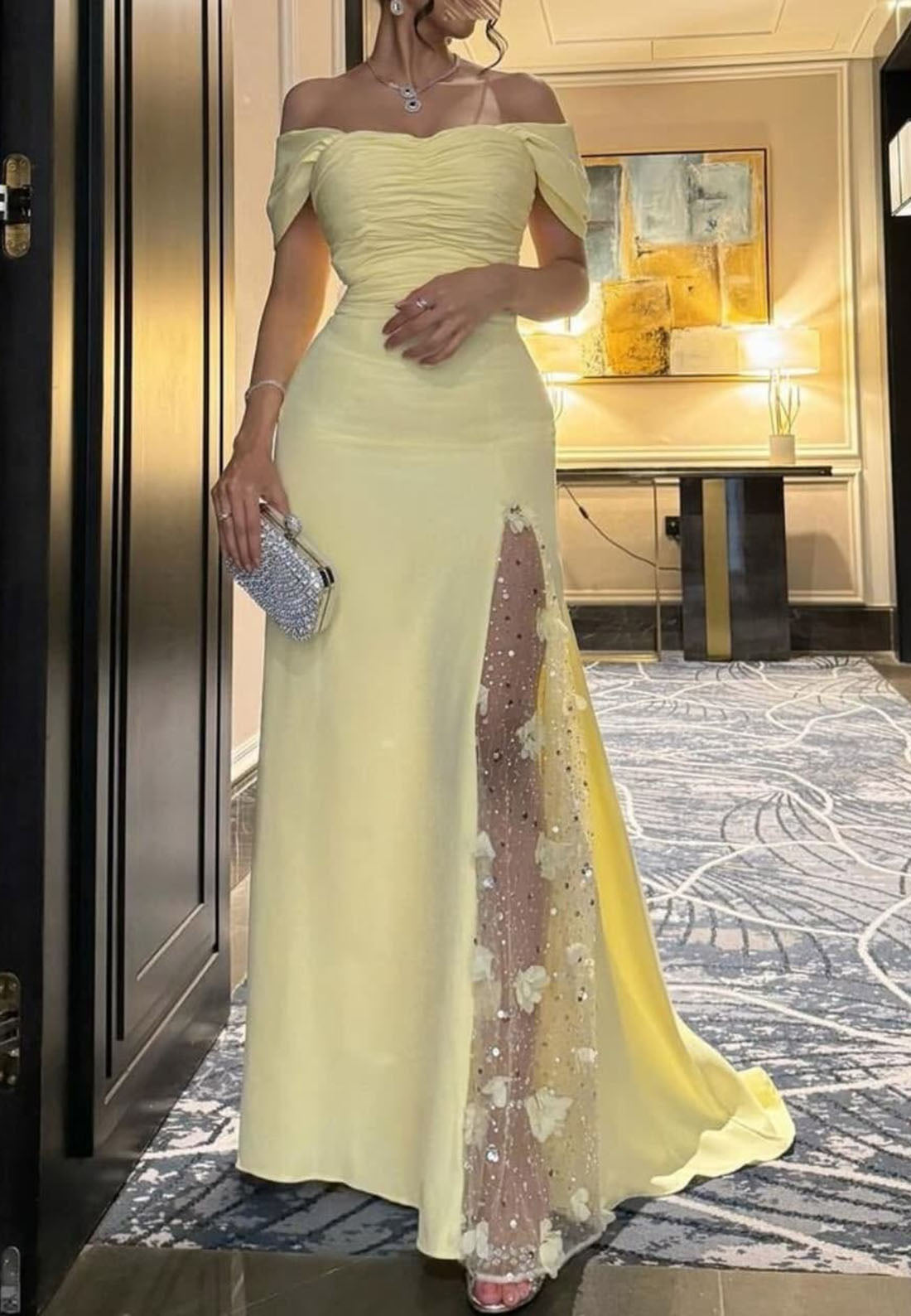 Off-Shoulder Long Sleeves Floral Embellished Sheath Prom Dress