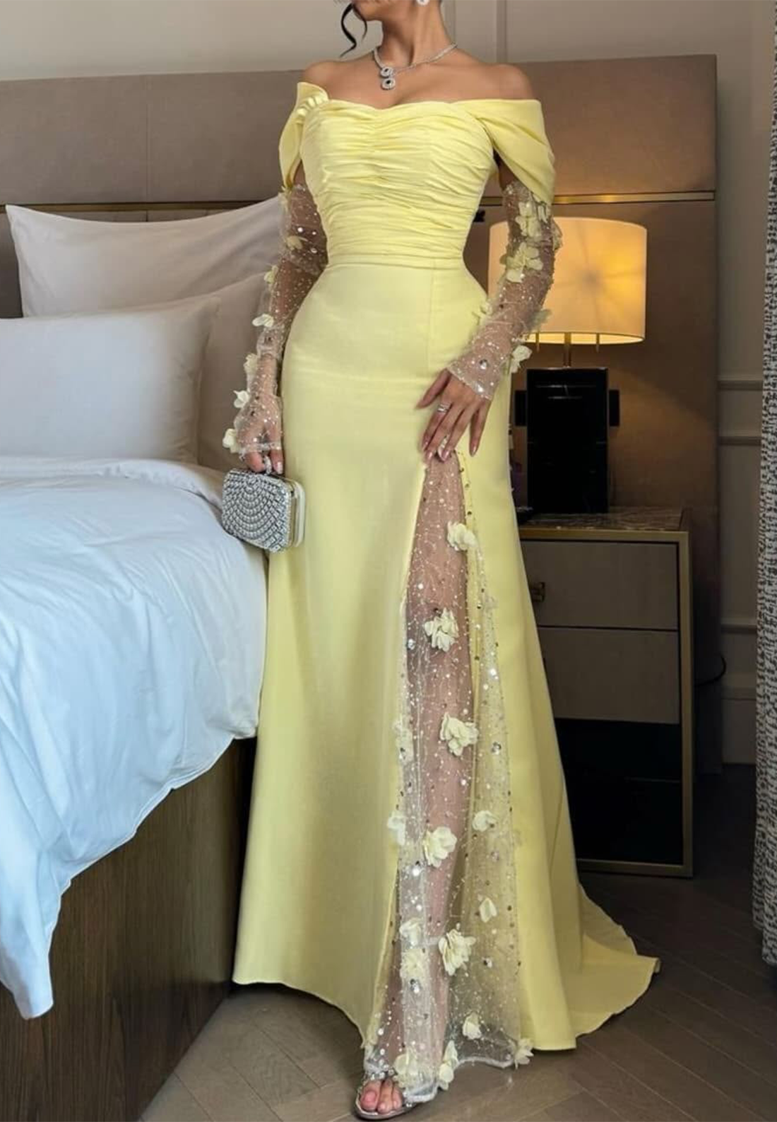 Off-Shoulder Long Sleeves Floral Embellished Sheath Prom Dress