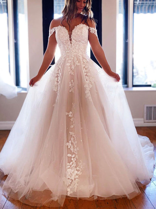 aline wedding dress off the shoulder White Lace Long Dresses with Train Tulle Br – Liymc Beautiful Blue Hawaiian Dress A silhouette that flatters Color:Aqua [color:blue]color_family:blue--7670308176129